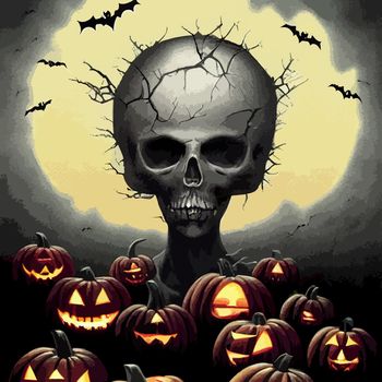 skull on halloween night with evil pumpkins. full moon in cemetery. halloween illustration.