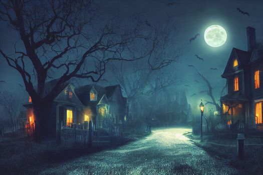 3D illustration of a Halloween concept background of realistic horror house and creepy street with moonlight. Digital art background.