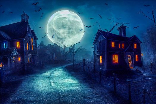 3D illustration of a Halloween concept background of realistic horror house and creepy street with moonlight. Digital art background.