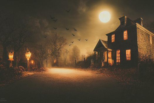 3D illustration of a Halloween concept background of realistic horror house and creepy street with moonlight. Digital art background.