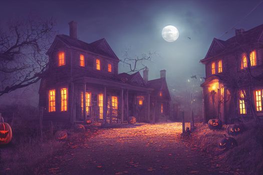 3D illustration of a Halloween concept background of realistic horror house and creepy street with moonlight. Digital art background.