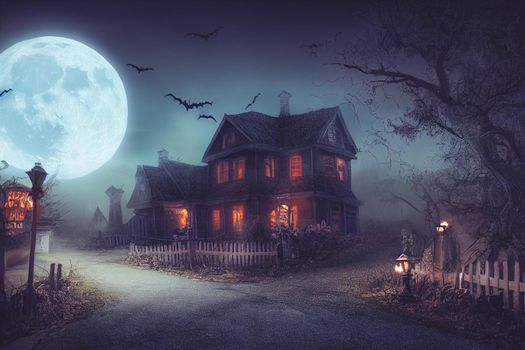 3D illustration of a Halloween concept background of realistic horror house and creepy street with moonlight. Digital art background.