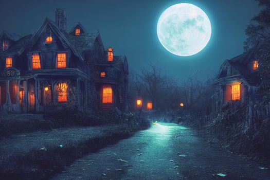 3D illustration of a Halloween concept background of realistic horror house and creepy street with moonlight. Digital art background.