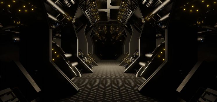 Flying in a spaceship tunnel. 3D Sci-Fi futuristic space corridor background or wallpaper