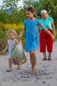 Children and grandmother carry vegetables in a bag. Selective focus. Food.