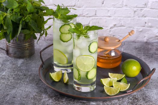 Cucumber Gimlet with gin and honey, very good in combination with mint. This is a great refreshing cocktail.