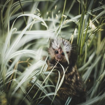 The common marmoset, Callithrix jacchus, on the branch in summer garden