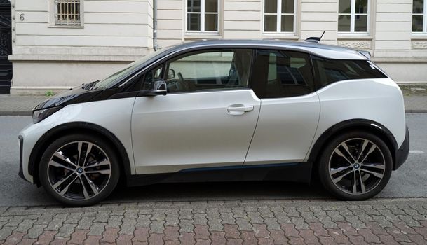 Detmold, NRW, Germany - Aug 20 2022 A white Electric BMW i3 car parked on the road