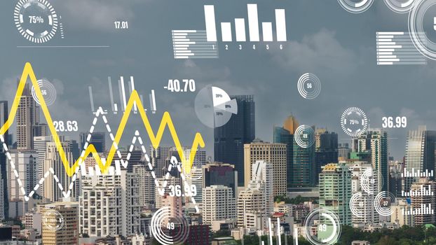 Business data analytic interface fly over smart city showing alteration future of business intelligence. Computer software and artificial intelligence are used to analyze big data for strategic plan .