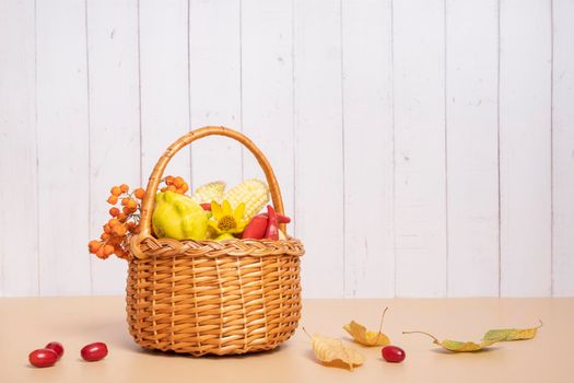 Autumn harvest basket with corn, apples, zucchini and peppers on a wooden background decorated with autumn flower and mountain ash.