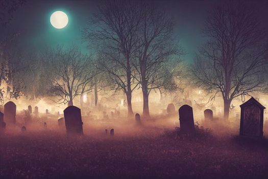 3D Render of Graveyard Cemetery In Spooky Dark Night for halloween concept. Scary Graveyard Wallpapers.