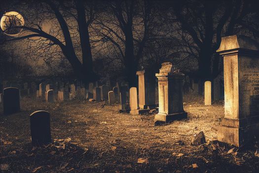 3D Render of Graveyard Cemetery In Spooky Dark Night for halloween concept. Scary Graveyard Wallpapers.