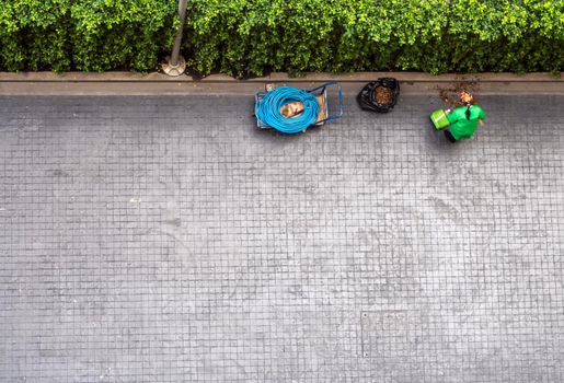 Directly above view the street cleaning worker