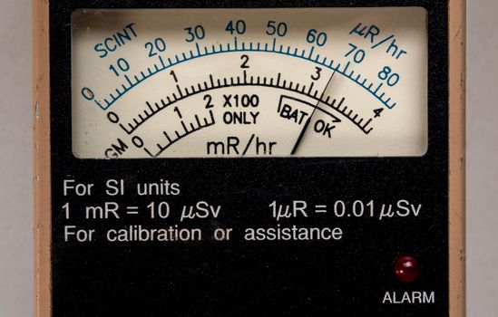 milliRoentgen per hour (mR/hr) and microRoentgen per hour (uR/hr)scale for radiation dose rate on Dial display of Radiation survey meter