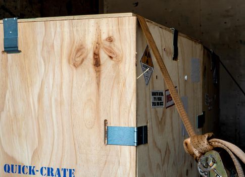 Radioactive material label beside the transportation wooden box Type A standard package