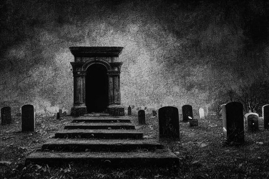 3D Render of Graveyard Cemetery In Spooky Dark Night for halloween concept. Scary Graveyard Wallpapers.