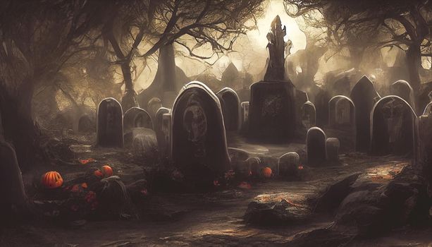 3D Render of Graveyard Cemetery In Spooky Dark Night for halloween concept. Scary Graveyard Wallpapers.