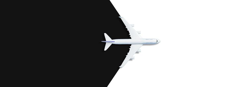Flat lay design of travel concept with plane on black background with copy space. High quality photo