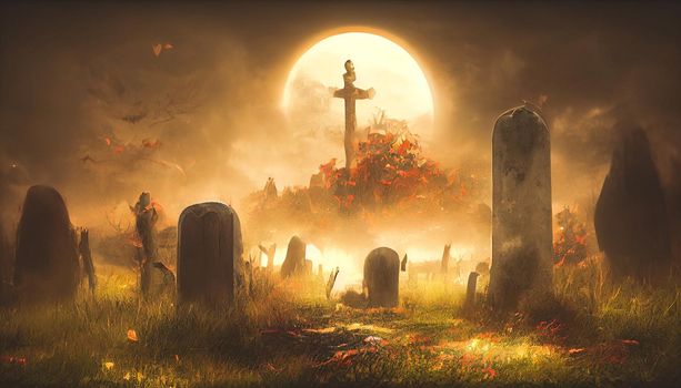 3D Render of Graveyard Cemetery In Spooky Dark Night for halloween concept. Scary Graveyard Wallpapers.