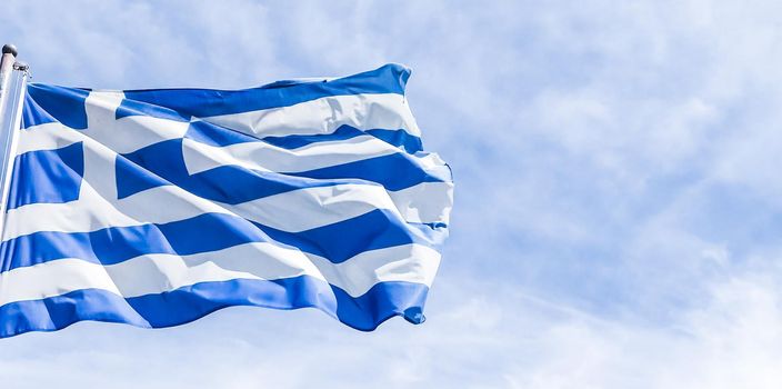 European political news, grexit and nation concept - Greek flag and cloudy sky in summer day, politics of Greece