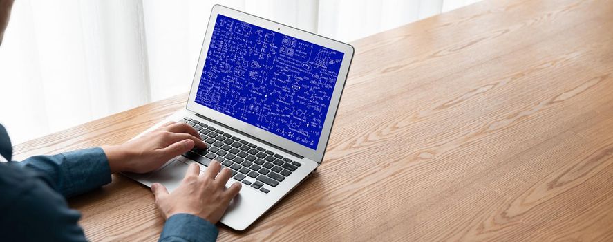 Mathematic equations and modish formula on computer screen showing concept of science and education