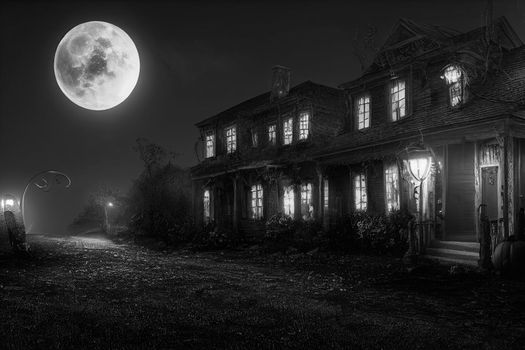 3D illustration of a Halloween concept background of realistic horror house and creepy street with moonlight. Digital art background.