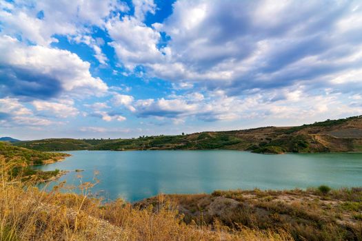 Christianoupolis dam water reservoir in Messenia, Greece. View of the dam water, artificial lake.