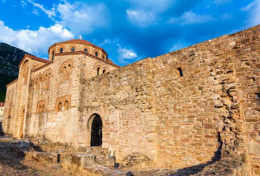 Stone Greek traditional old Orthodox church in Christianoupoli, Messenia. Greece.