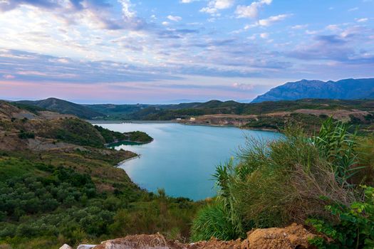 Christianoupolis dam water reservoir in Messenia, Greece. View of the dam water, artificial lake.