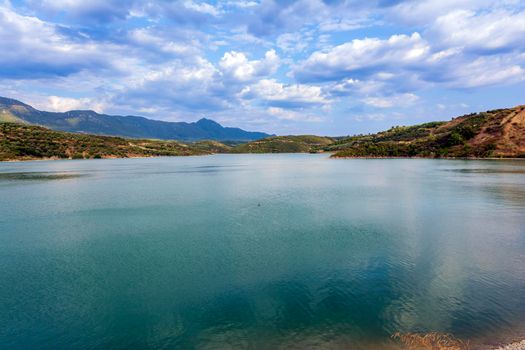 Christianoupolis dam water reservoir in Messenia, Greece. View of the dam water, artificial lake.