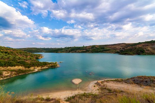 Christianoupolis dam water reservoir in Messenia, Greece. View of the dam water, artificial lake.