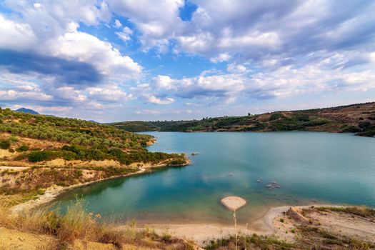 Christianoupolis dam water reservoir in Messenia, Greece. View of the dam water, artificial lake.