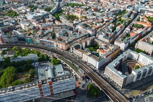 Areal view from the cosmopolitan city of Berlin to the Hackesche Hoefe and Hackescher Markt in Berlin