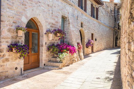 Assisi village in Umbria region, Italy. The town is famous for the most important Italian St. Francis Basilica (Basilica di San Francesco)