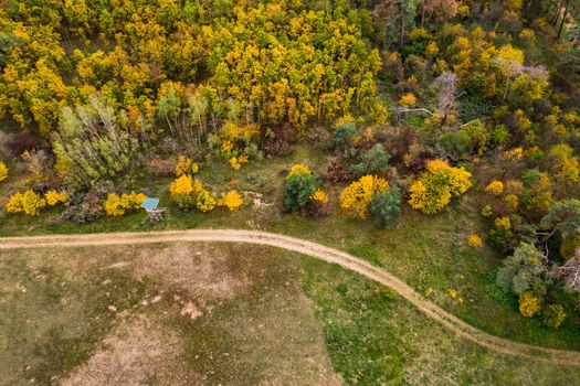 A field edge with a green meadow, a high stand for hunters and a mixed forest in autumn