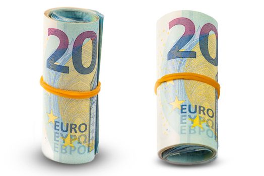 Roll of money isolated on white. A roll of 20 euro banknotes. Euro banknotes rolled up on a white isolated background. The concept of financial assistance, real estate purchase or loan.