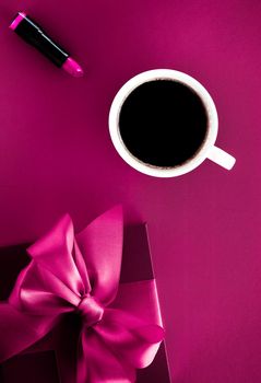 Romantic present, cafe backdrop and drink concept - Coffee cup and luxury gift box flatlay background