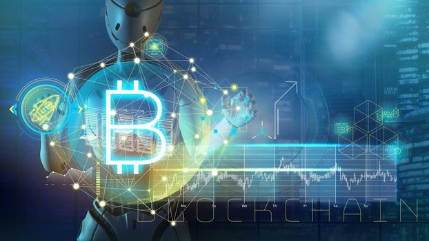 The robot processes bitcoin data using a graphical panel. 3D render.