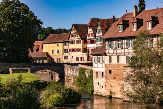 Historic half-timbered houses on Steinernen Steg in the old town of Schwaebisch Hall in Baden-Wuerttemberg