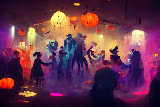 colorful halloween indoor party, neural network generated art. Digitally generated image. Not based on any actual scene or pattern.