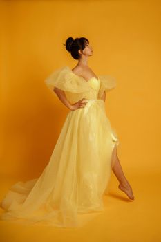 Profile portrait of a beautiful middle-aged woman in a yellow dress, her hair pulled up against a yellow background.