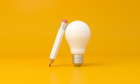 Light bulb and pencil on yellow background. creative concept. 3d rendering.