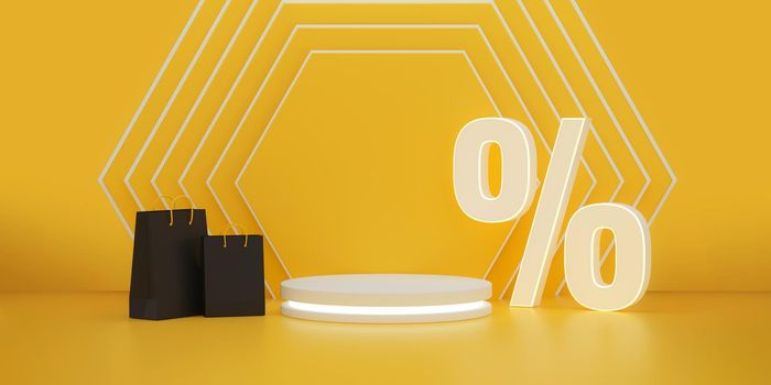 Podium with percent discount symbol and Shopping bags on hexagonal wall on studio background. Black fridays discounts. 3d rendering.