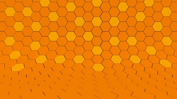Clear pattern abstract background studio hexagon orange, Autumn honeycomb mosaic. 3D rendering.