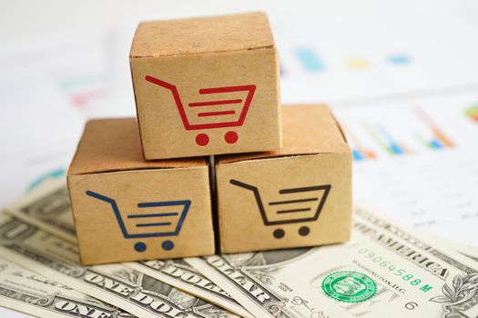Online shopping, Shopping cart box with money, import export, finance commerce.