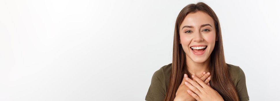 Portrait joyful outgoing woman likes laugh out loud not hiding emotions giggling chuckling facepalm close eyes smiling broadly white background.