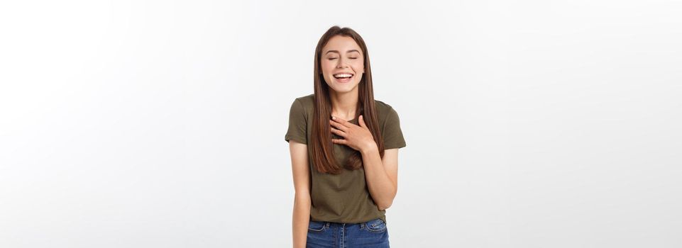 Happy woman Laughing. Closeup portrait woman smiling with perfect smile isolated grey background. Positive human emotion.