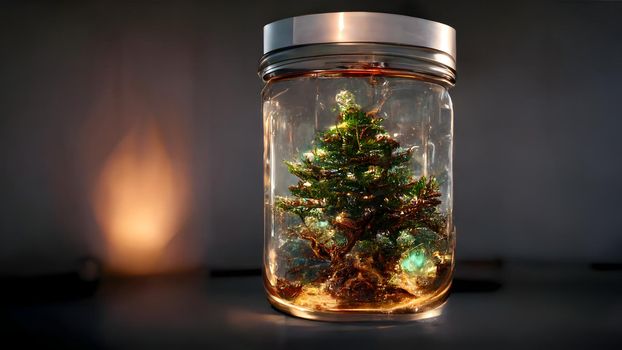christmas tree in transparent glass jar, neural network generated art. Digitally generated image. Not based on any actual scene or pattern.