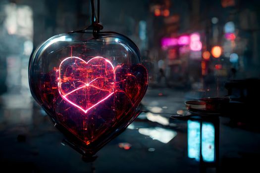 cyberpunk neon high-tech heart in night city environment, neural network generated art for valentines day. Digitally generated painting-like image. Not based on any actual scene or pattern.