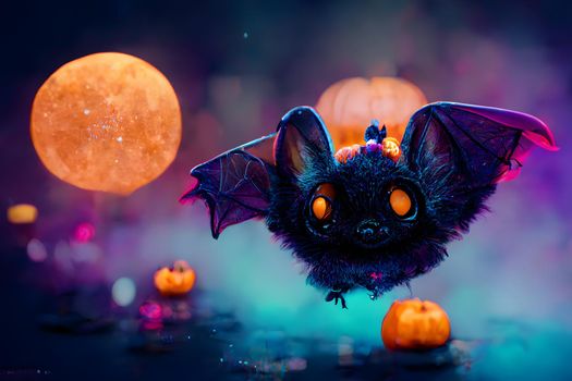 cute bat with pumpkins and moon on dark background, neural network generated art. Digitally generated image. Not based on any actual scene or pattern.